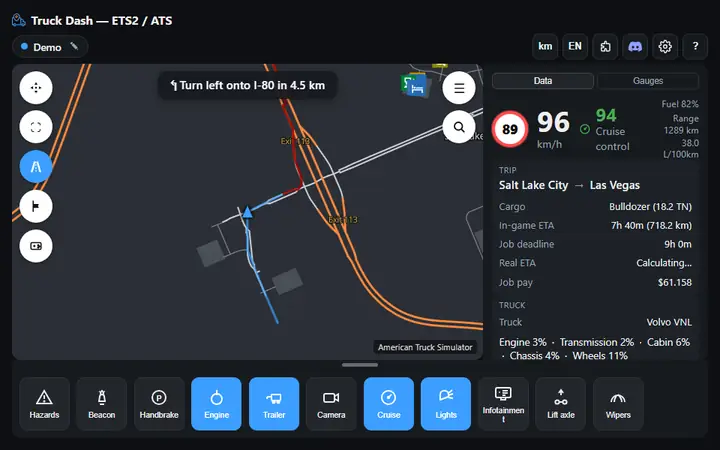 Truck Dash in navigation mode: the map rotates with the truck, turn prompt, speed and cruise readout