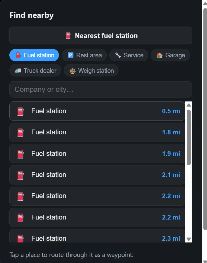 Find nearby panel listing fuel stations sorted by distance
